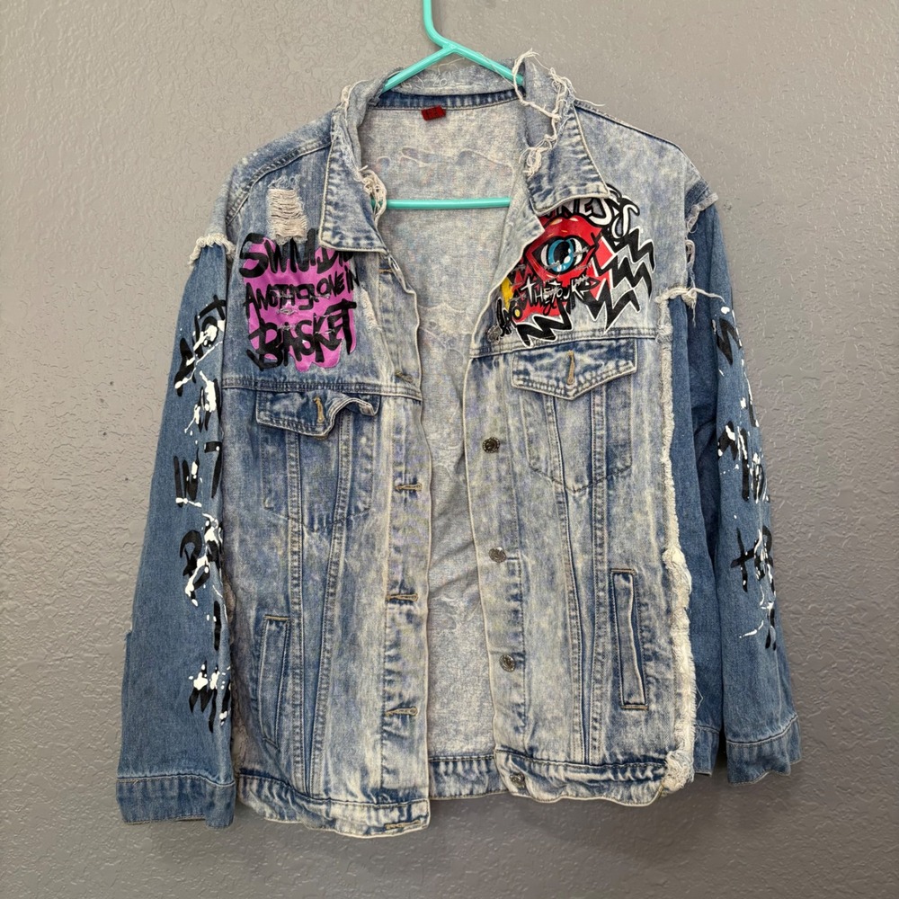 Sour Fruit Graffiti Acid Wash Distressed Denim Jacket Punk Streetwear Blue XL